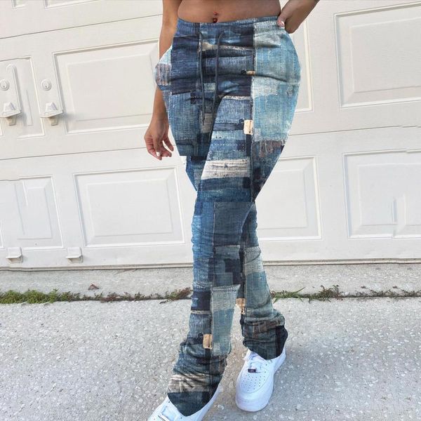

women's pants & capris 40# jeans strap pocket vintage for women hip-hop fashion print trousers skinny jean elastic waist, Black;white
