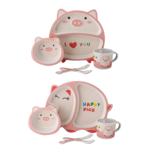 

5pcs/set Natural Bamboo Fiber Baby Tableware Cute Pig Children Feeding Dishes Kids Dinnerware Set with Bowl Fork Cup Spoon Plate