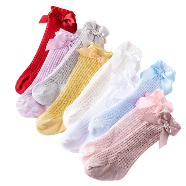 

lawadka born baby girls solid bow socks breathable mesh cotton knee high leg warmer summer infant toddler soft, Pink;yellow