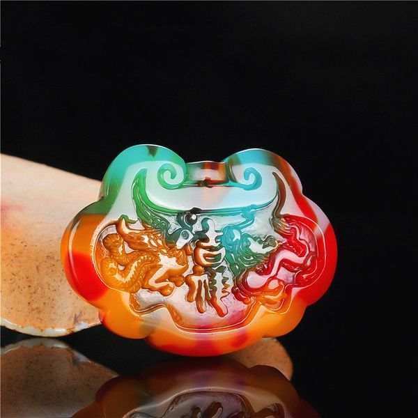

dragon phoenix color jade pendant necklace chinese hand-carved natural charm jewelry amulet fashion for men women lucky gifts, Silver