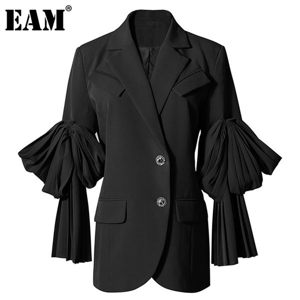 

[eam] women black pleated irregular blazer lapel long flare sleeve loose fit jacket fashion spring autumn 1dd6071 211019, White;black