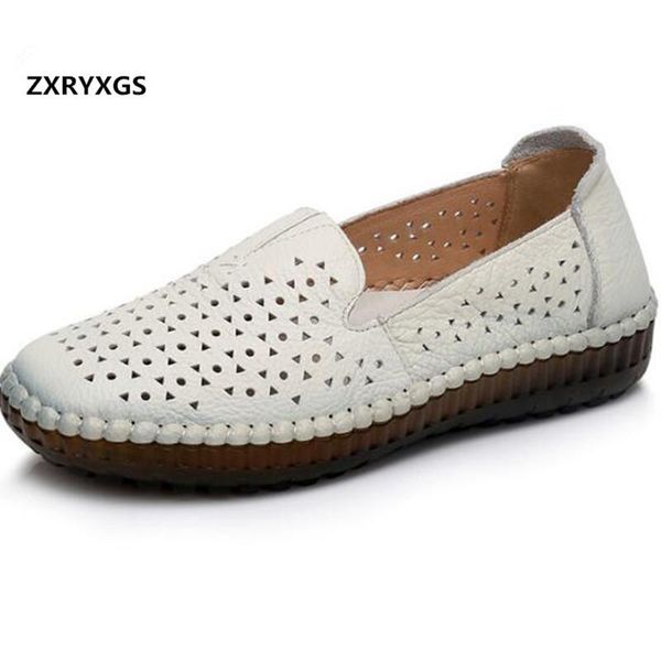 

summer hollow round head genuine leather shoes sandals soft comfortable mom casual sneakers flat, Black