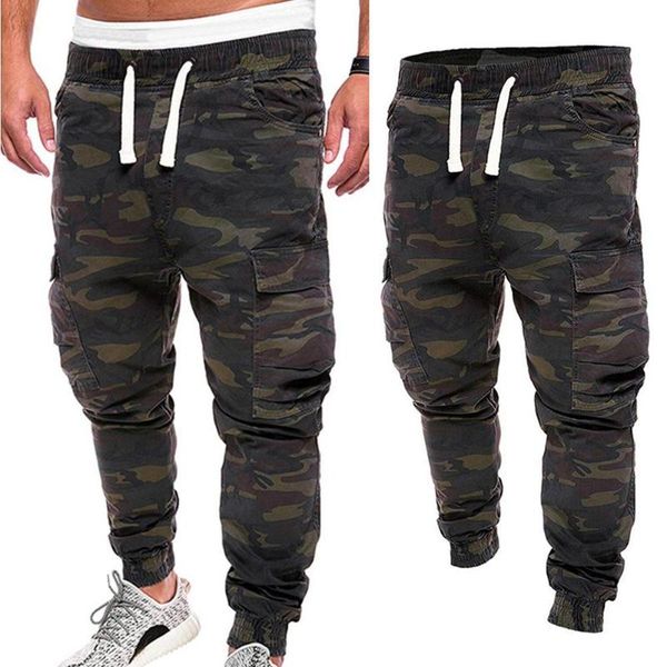 

plus size men military camouflage print trousers multi pockets cargo jog pants men's, Black