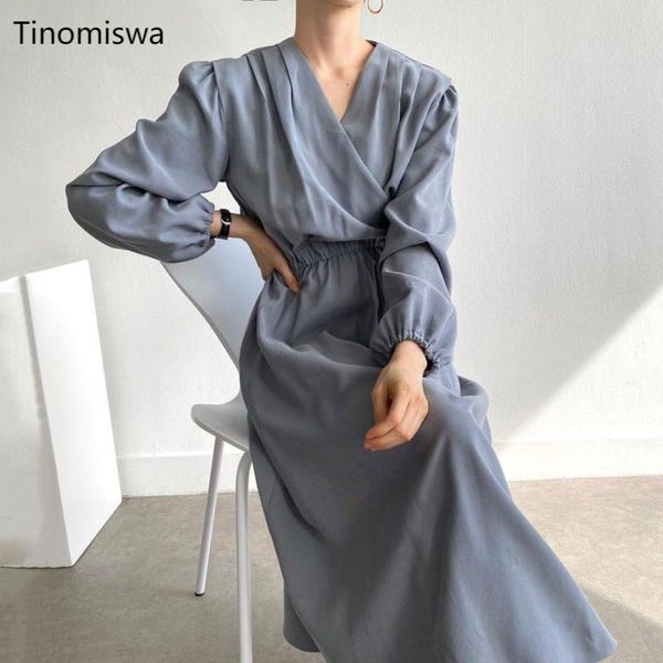 

casual dresses fashion v neck long sleeve a line solid color stretch slim waist korean dress women mid calf vestidos, Black;gray