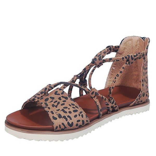 

summer leisure leopard print open toe flat beach sandals zipper, Black