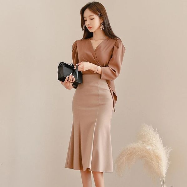 

zawfl elegant 2 pieces set v-neck long sleeve blouses & side split mermaid skirt fashion ol style women sets 210525, White