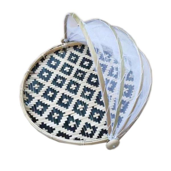 

hanging baskets handmade bamboo woven bug proof wicker basket dustproof picnic fruit tray food bread dishes cover with gauze panier osier