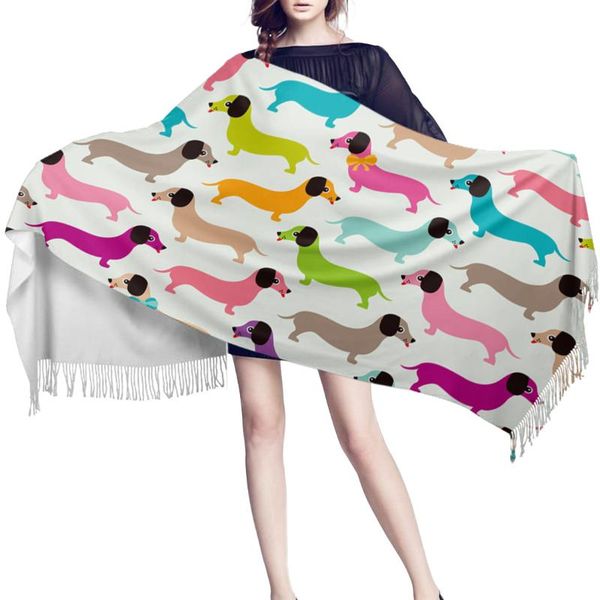 

scarves autumn winter cashmere scarf adults women men soft warm dachshund catoon dog female pashmina shawls with tassel, Blue;gray