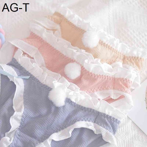 

cotton waffle lace girls autumn winter 2021 plush ball triangle underwear, Black;pink