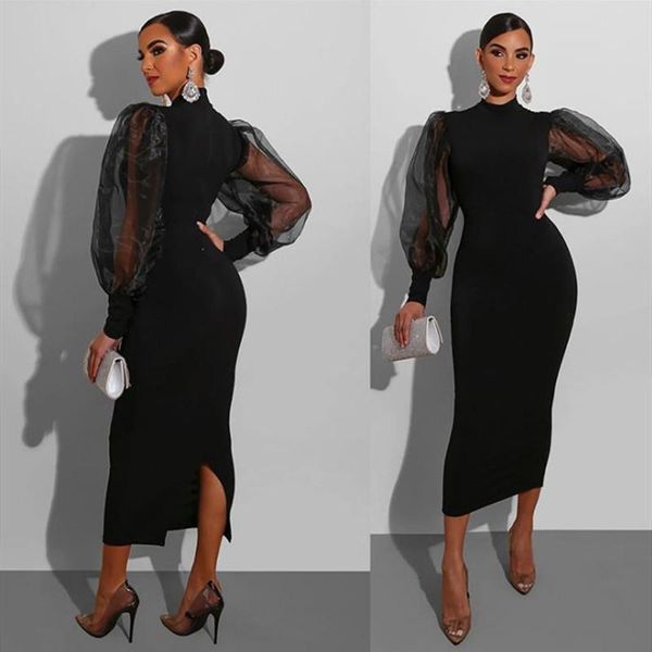 

casual dresses fashion mesh dot sheer stitching puff sleeve dress elegant black women middle length pencil drop, Black;gray