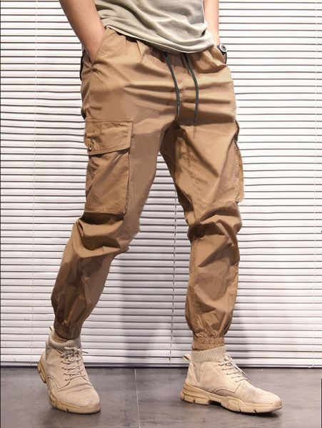 

men drawstring waist cargo pants k8au#, Black