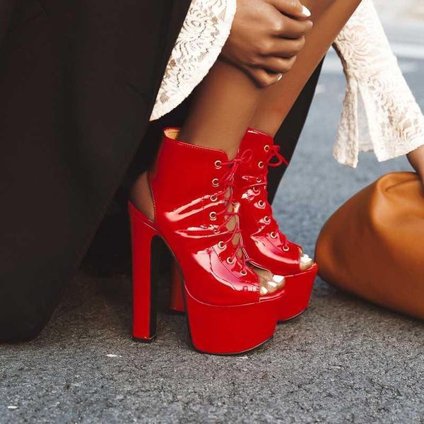 

sandals spring and summer thick heel waterproof platform fish mouth red patent leather cool boots snake short large women's, Black