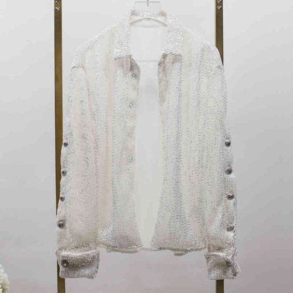 

pant fashion 2021 designer women's long lion sleeve sequin buttons shirt, White