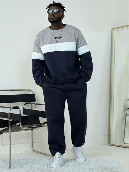 

extended sizes men colorblock & letter graphic sweatshirt & sweatpants t2qq#, Gray