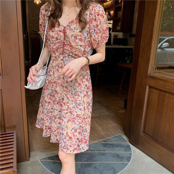 

floral skirt womens v neck puff sleeve dress spring and summer 2021 new french slim chiffon skirt dresses for women party, Black;gray