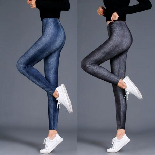 

women's leggings spring and autumn imitation denim print bottoming pants wear leggings, ground wool elastic pants, soft slim capris, Black