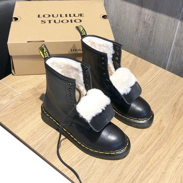 

boots wool warm women's snow lace-up winter genuine leather cross-tied, Black