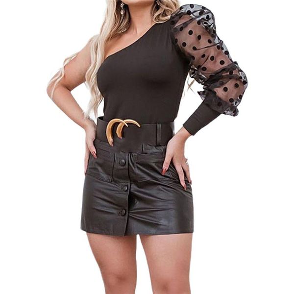 

women's blouses & shirts fashion women dot puff sleeve summer one shoulder long slim blouse office pullover streetwear clothing, White