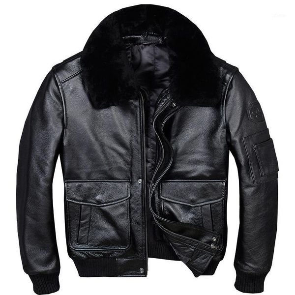 

men's leather & faux 2021 black men usaf pilot jacket wool collar plus size 3xl genuine cowhide winter russian a2 coat