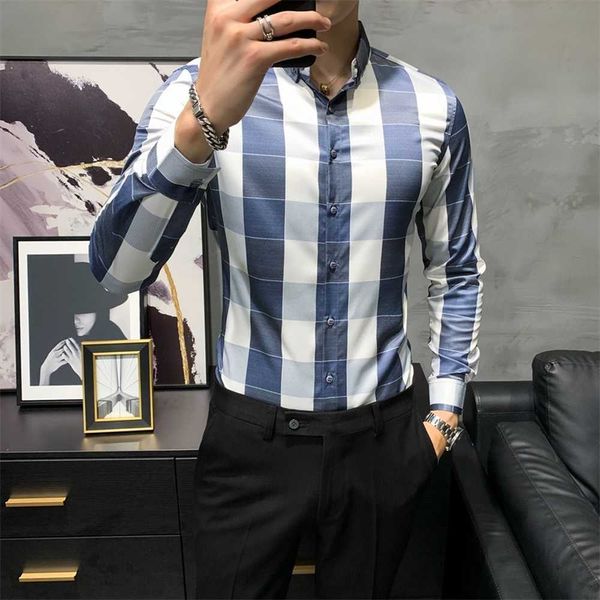 

plaid business shirts for men long sleeve casual dress shirt chemise homme slim fit streetwear men clothing camisa masculina 210527, White;black