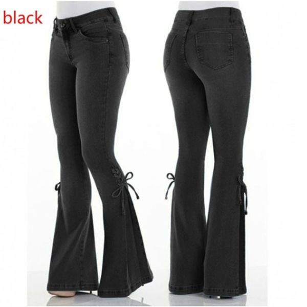 

middle waist lace up denim pants elastic, Blue