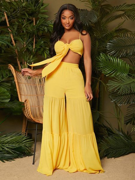 

sxy tie front crop cami & ruffle hem pants b2cg#, White