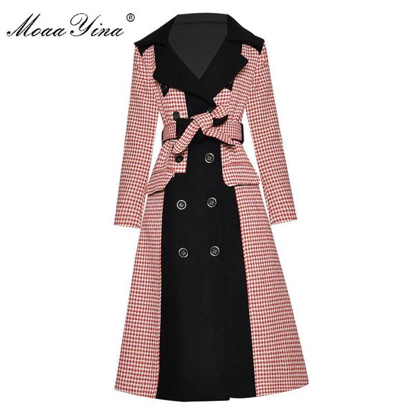 

women's wool & blends moaayina fashion designer woolen cloth overcoat winter women long sleeve double breasted lace-up houndstooth, Black