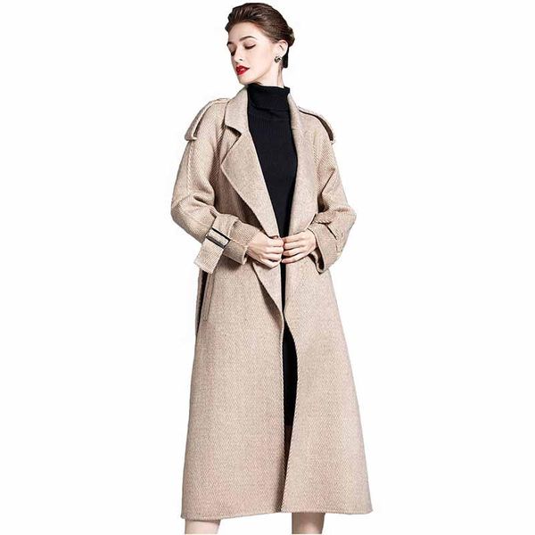 

women's wool & blends double-faced coat women autumn winter hem slit slim belt cashmere woolen jacket handmade long outwear kw4, Black