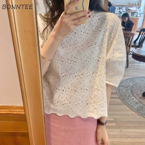 

women's blouses & shirts women loose hook flower hollow all-match summer soft oversize sweet college trendy harajuku streetwear blusa, White