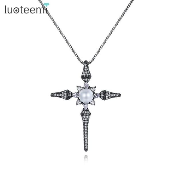 

pendant necklaces luoteemi holy cross & sun flower box chain for women party imitation pearl fashion jewelry christmas gift, Silver
