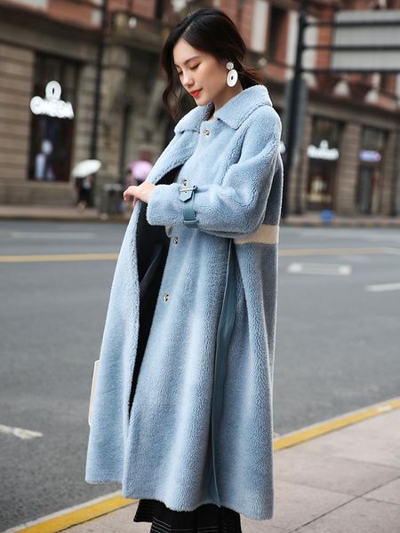 

women's fur & faux 2021 winter real wool coats long jacket coat female sheep shearling women pp309, Black