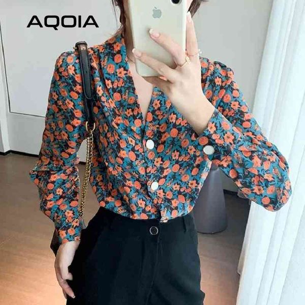 Primavera chique estilo coreano manga comprida mulheres blusa floral botão up entalhado colar de escritório senhoras senhoras camisa túnica tops 210521