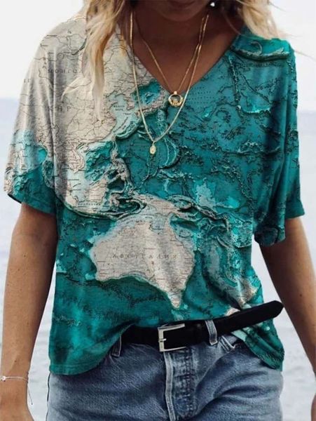 

women's t-shirt 2021 map print v-neck short sleeve zste, White
