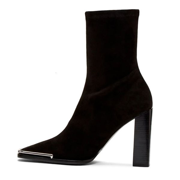 

boot elastic band of women's metal square foot toe shoes high heels slip in phenylamine quality short boots mujer, Black