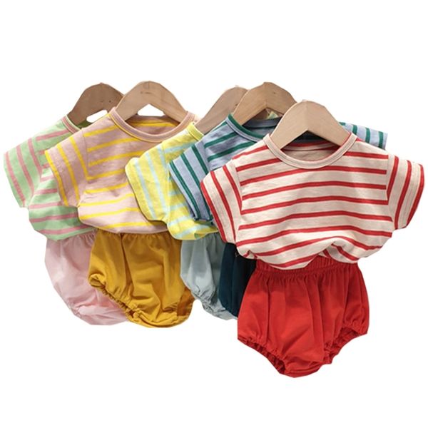 Vestuário de bebê verão conjunto coreano estilo criança meninos listrados tee e pp calças 2 pcs infantil meninas roupas 210417