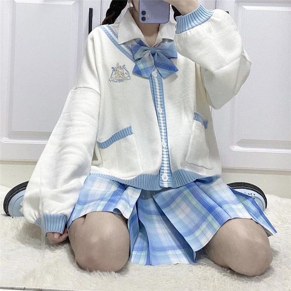 

women's knits & tees japanese preppy style knitted sweater korea harajuku embroidery button coat sweet cute v-neck, White