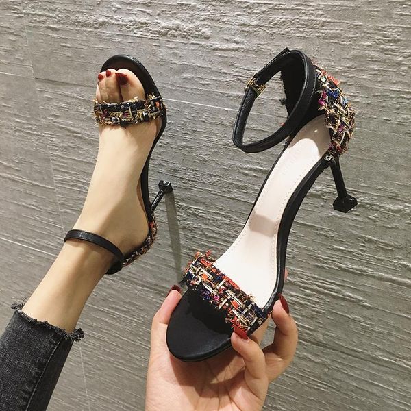 

dress shoes 2021 embroidery irregular open toe women's sandals summer high heels fashion thin 7.5cm, Black