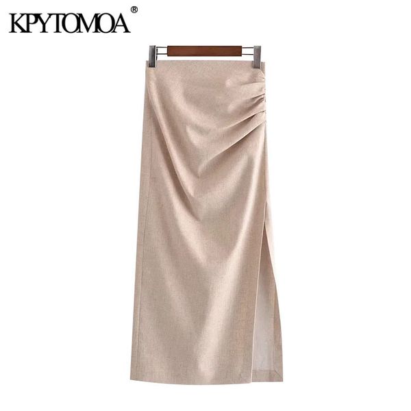 

women chic fashion with draped front slit linen midi skirt vintage high waist back zipper female skirts mujer 210416, Black