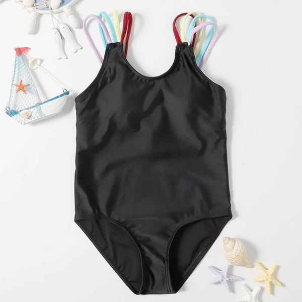 

children's suit children's swimsuit solid color black colorful strap one piece bikini swimsuit