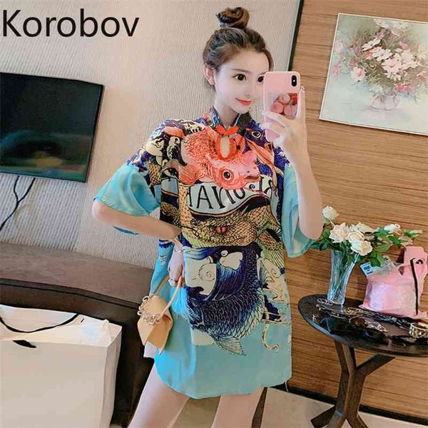 

korobov korean chic women dress vintage elegant print harajukun dresses chinese style high waist casual vestidos 210430, Black;gray