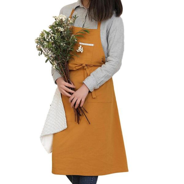 

aprons solid casual adjustable cotton blend with pockets work japanese style kitchen easy clean painting cooking gardening bib apron