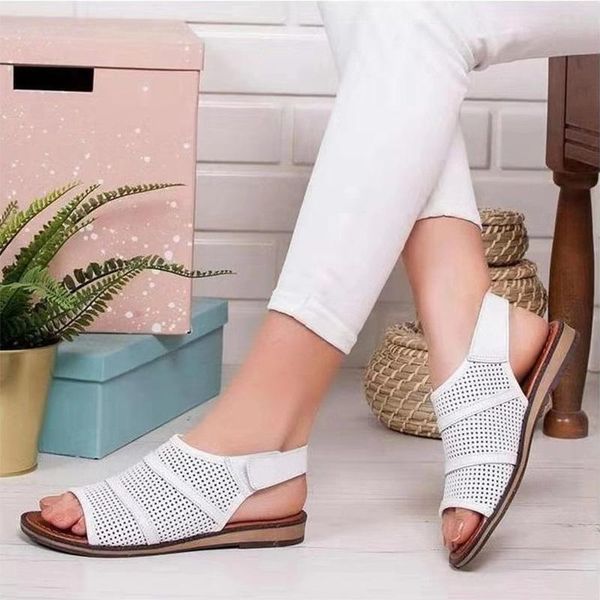 

women sandals women's beach flat 2021 summer ladies pu leather peep toe casual rome hollow out shoes plus size 43, Black