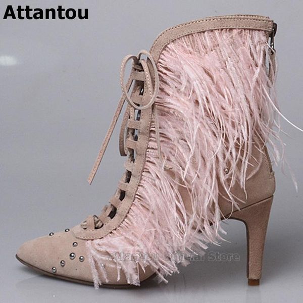 

boots beige red suede leather ankle feather pointed toe high heels shoes woman cross tied lace up fashion zapatos mujer, Black