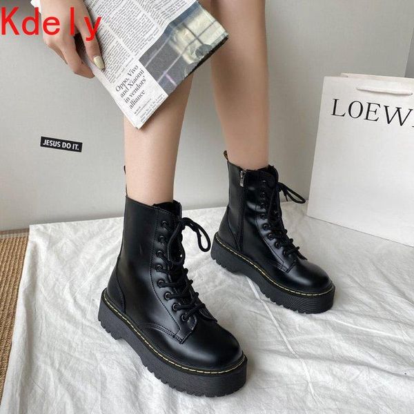 

boots 2021 mordoan genuine cow leather thick-soled flat heel women fall british style lace round ankle, Black