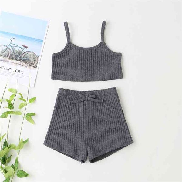 

summer children sets casual girls cotton strap bodycon bow short pants gray solid clothes 2t-6t 210629, White