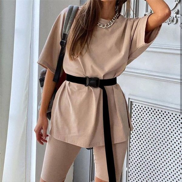 

casual solid outfits two piece womens tracksuits suit with belt home loose sports fashion leisure bicycle summer, Gray