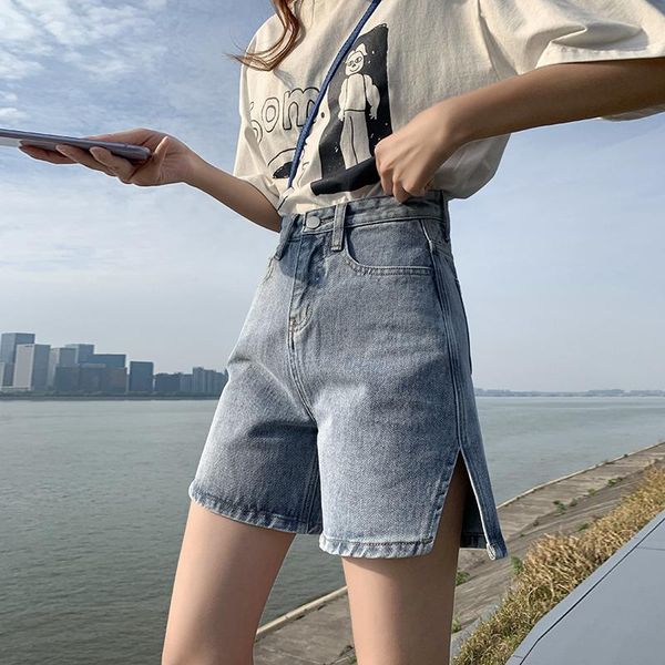 

women's jeans high waist denim shorts crimping 2021 summer loose fashion wild trend wide leg women pants, Blue