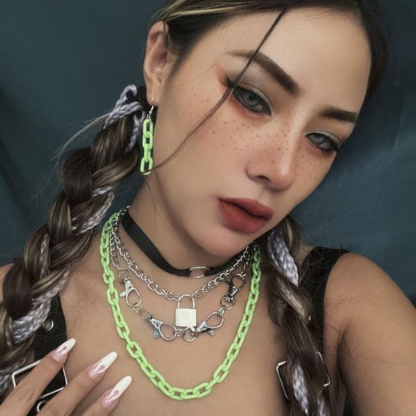 

chains harajuku emo goth pu leather choker necklace women hiphop metal chain lock pendants necklaces fluorescence halloween jewelry, Silver