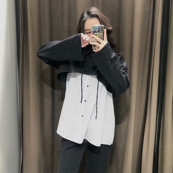 

women's hoodies & sweatshirts 2021 fake spring of two loose pieces with a hood off the shoulder short sleeve woman's t-shirt, Black