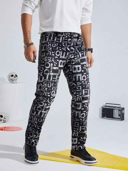 

men random letter graphic tapered jeans m42m#, Blue